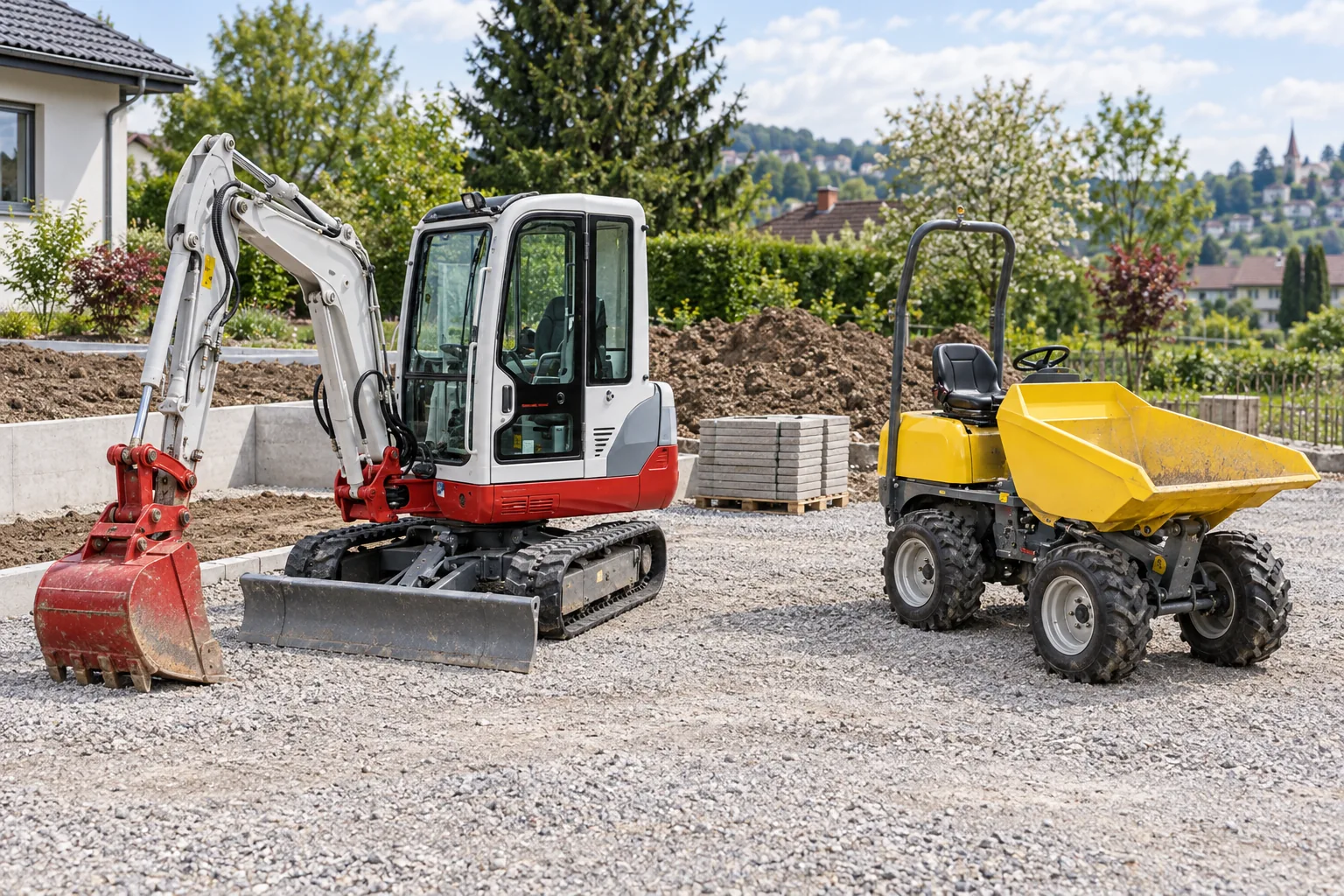 Bagger und Transportgerät auf einer geordneten Baustellenfläche