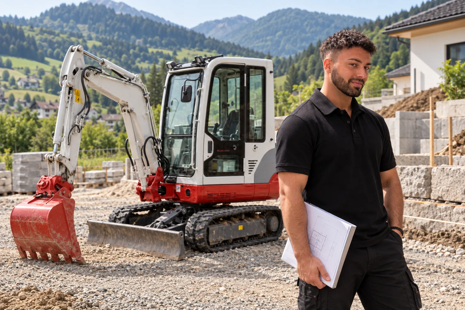 Hannes Punz neben einem kompakten Bagger auf einer Baustelle